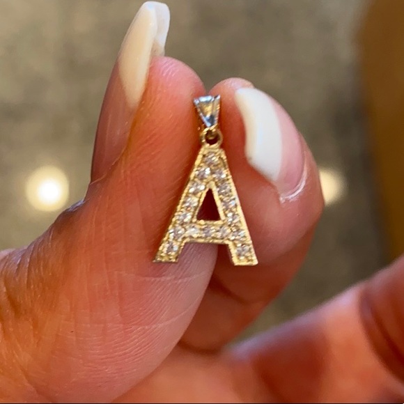 14K Gold CZ initial letter A Pendant Charm - Picture 1 of 11